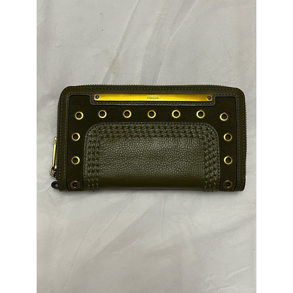 Fossil Green Leather Liza Wallet Clutch Wristlet Zip Around Bifold Y2K Boho